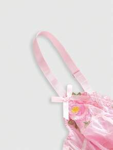 ROMWE Fairycore 仙女刺绣花卉钢圈手工性感连体衣 - 粉色 - 查看 4