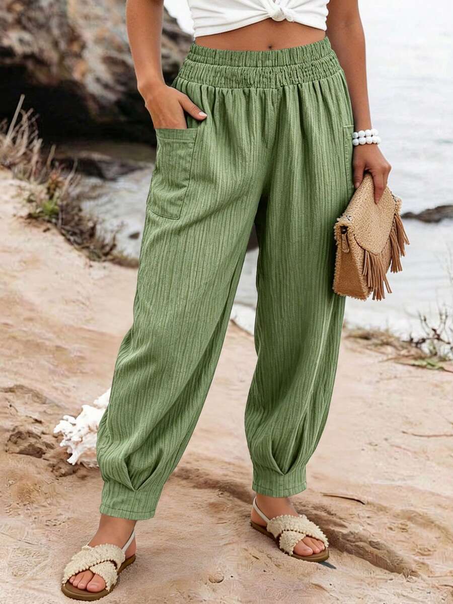 Ceyna Quần Harem mùa hè mới dành cho nữ cỡ lớn, kiểu dáng giản dị và tối giản, quần dài thanh lịch cho kỳ nghỉ, quần cạp chun có túi, màu trơn, quần Harem dáng rộng xếp ly dài đến mắt cá chân. - Moss Green - Xem 1