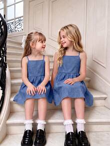 Elladie kids 少女夏季吊带连衣裙 - 蓝白格纹+樱桃印花，吊带蝴蝶结后背设计，收腰设计，A字裙摆，既显身材又活泼可爱，是海滩、周末或度假的完美之选。 - 藍色 - 查看 6