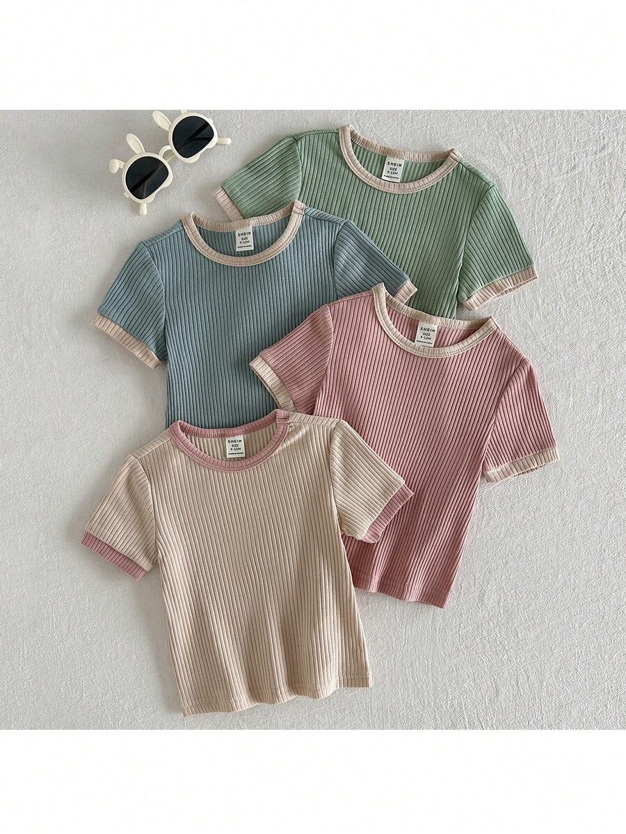 Loomiva Set de 4 piezas de blusas de punto de cuello redondo de manga corta de unicolor para niña bebé - Multicolor - Ver 1