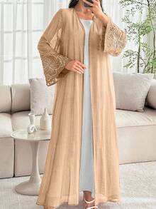 SHEIN Najma Abaya ligera de apertura frontal para primavera/verano con bordado floral en los puños y el bajo - Naranja - Ver 6
