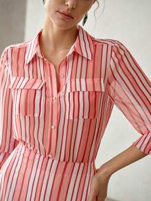 MOTF PREMIUM WOMEN PINK CHECKERED PRINT CASUAL ELEGANT TOP BRUNCH AUTUMN - Multicolor - View 2