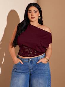 SHEIN BAE Plus Size Women's Spring/Summer Black Knit Lace Patchwork Asymmetric Off-Shoulder Exposed Shoulder Blouse, Sexy Vacation Top - Burgundy - View 1