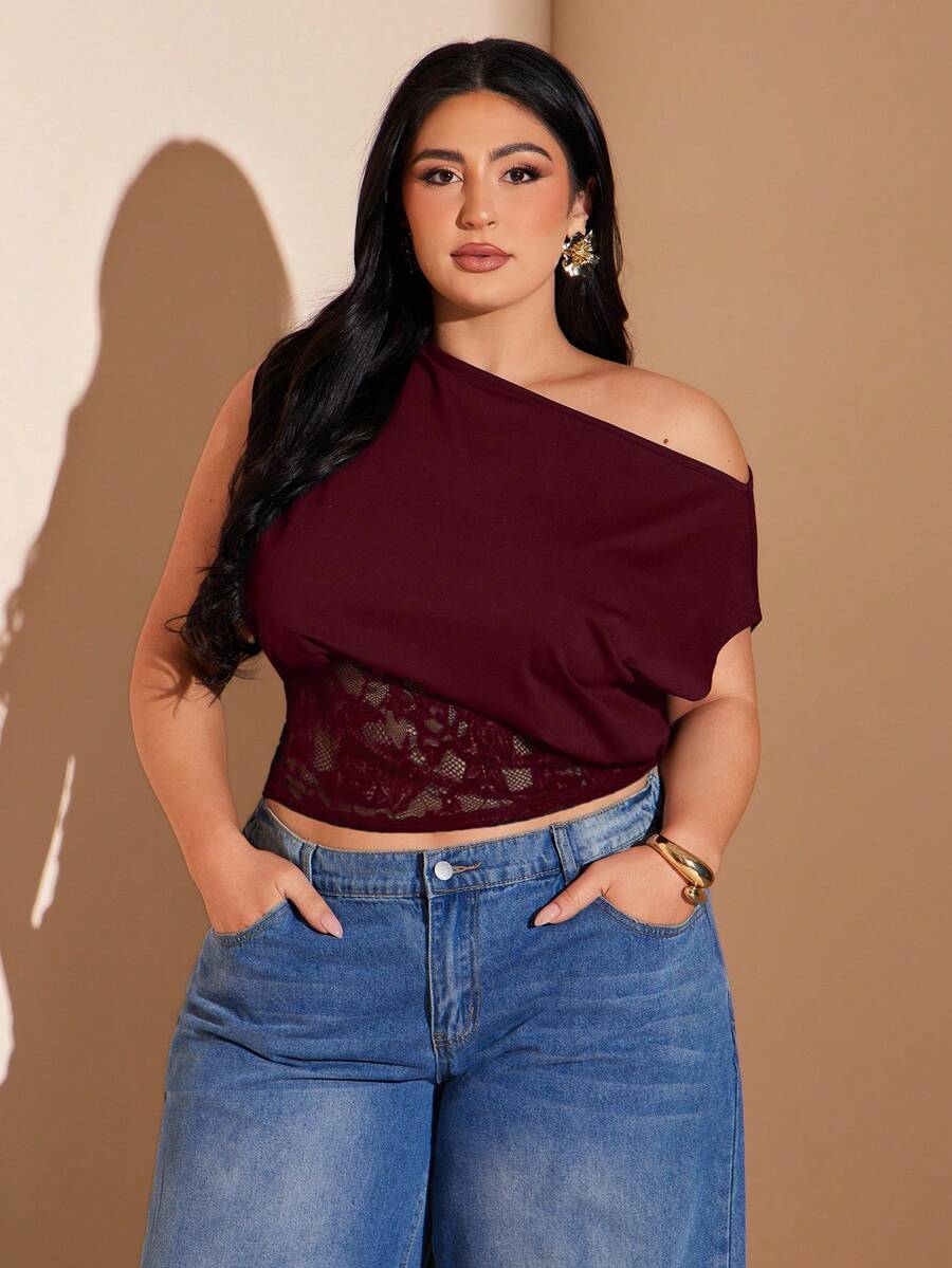 SHEIN BAE Plus Size Women's Spring/Summer Black Knit Lace Patchwork Asymmetric Off-Shoulder Exposed Shoulder Blouse, Sexy Vacation Top - Burgundy - View 1