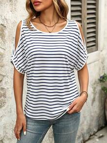 Women's Casual Striped Round Neck Batwing Sleeve T-Shirt, Summer - Navy Blue - View 5