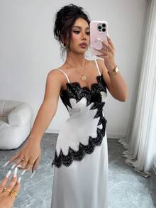 Selianne Conjunto de Saia Minimalista Estilo A-Line com Recortes de Renda Sem Mangas, Adequado para Encontros, Reuniões, Aniversários, Primavera/Verão - Damasco - Visão 6