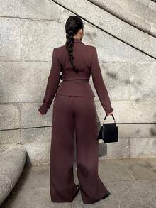 Marta Soriano 女式咖啡棕色双层弹力 V 领裹胸系带腰部设计优雅职业装，适合工作、万圣节、办公室、秋季 2 件套：长袖系带上衣和宽松直筒裤 - 咖啡棕 - 查看 2