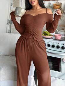 SHEIN 性感露肩酒红色针织家居服套装（女士款） - 鏽棕色 - 查看 5