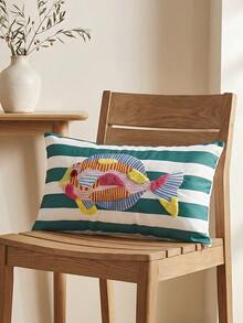 1 Piece, Embroidered Tropical Fish Pillow Cover, Green And White Vertical Striped Nautical Wind Cushion Cover, Beach House Decoration - Green - View 3