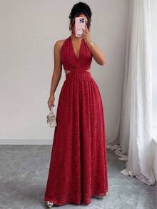 SHEIN Raffinéa Đầm nữ màu đỏ rượu vang chấm bi kiểu Pháp, thiết kế hở eo tôn dáng, thích hợp cho các bữa tiệc, hẹn hò, kỳ nghỉ. - Đỏ - Xem 7