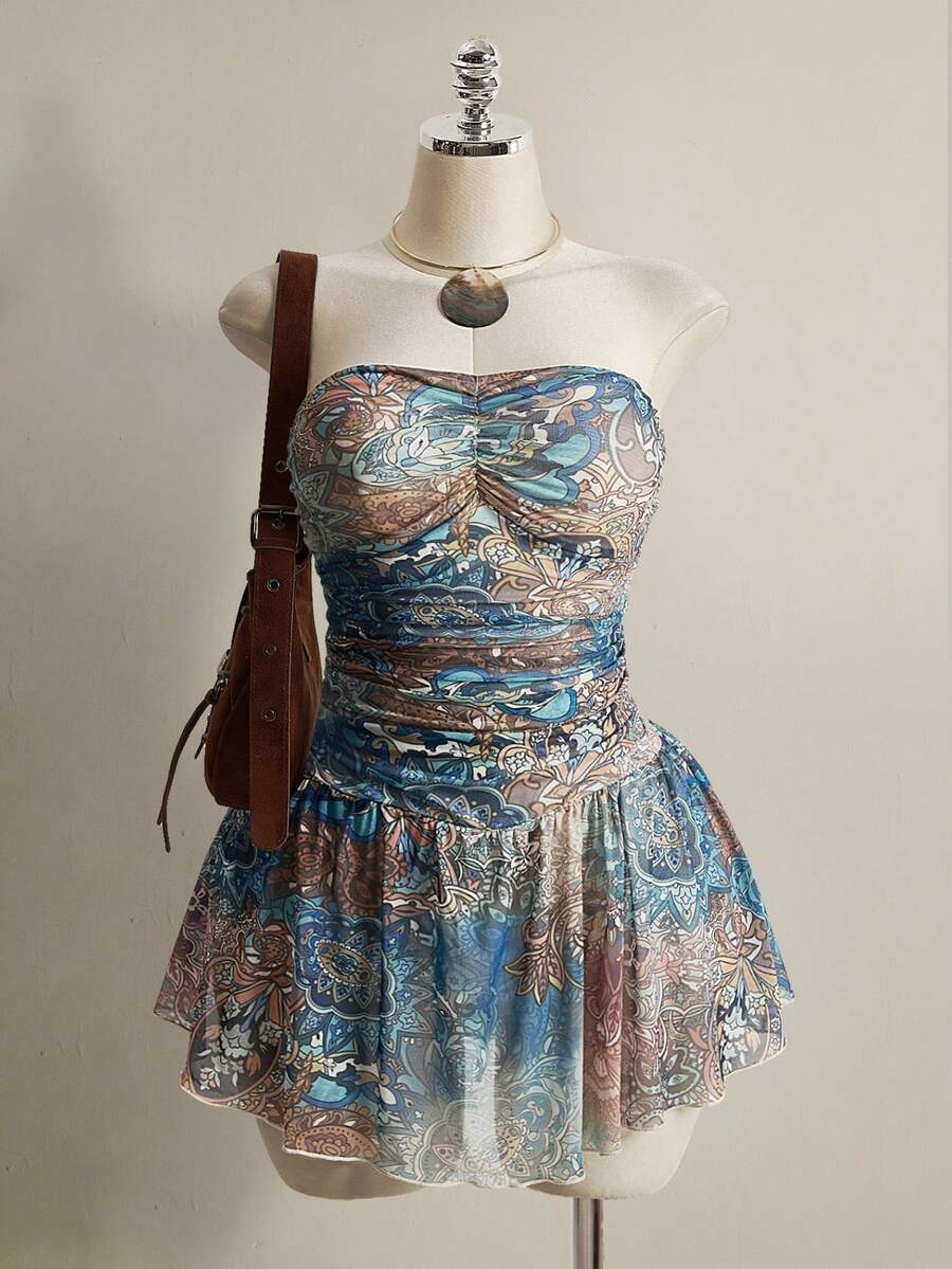 SHEIN ICON 大尺碼女款波西米亞度假風性感對比色印花抹胸迷你洋裝,夏季波希米亞風 - 彩色 - 查看 1
