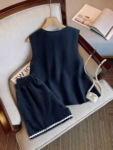SHEIN Franclia 两件套上衣短裤套装，百搭蓝色荷叶边装饰，休闲夏季两件套女装，法式复古风 - 藍色 - 查看 3