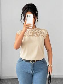 Elenzga Plus Size Women's Peach Summer Elegant Office Lace Patchwork T-Shirt,Round Neck Flare Cap Sleeve Blouse,Slim Fit Fashion Versatile Top For Outing - Apricot - View 4