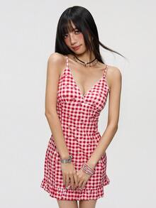 Rina Fox Đầm hai dây họa tiết kẻ caro ngọt ngào cho nữ, kiểu dáng bèo nhún, thích hợp cho mùa hè. - Nhiều màu - Xem 8