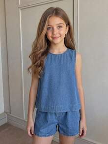 2件套少女蓝色牛仔宽松无袖背心和短裤套装 - 淺色水洗藍 - 查看 1