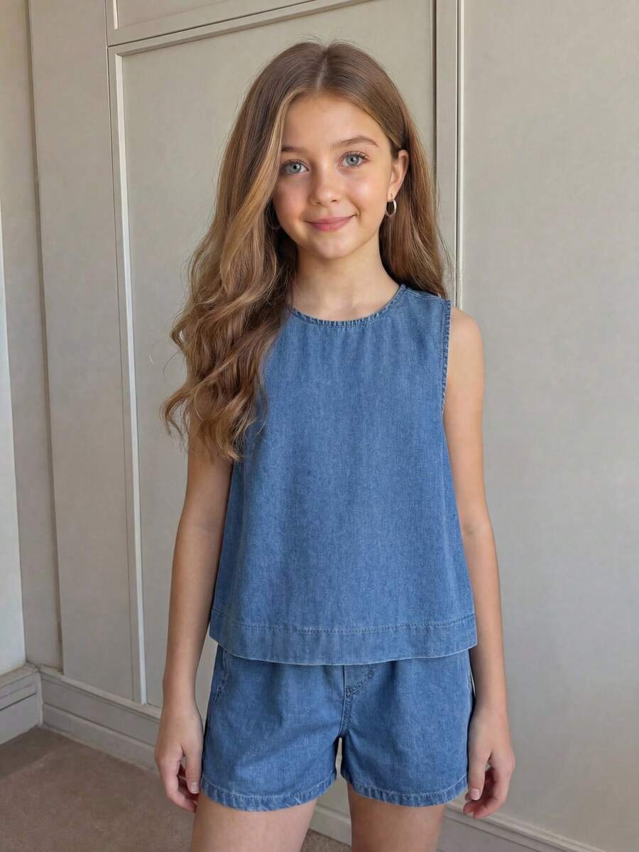 2件套少女蓝色牛仔宽松无袖背心和短裤套装 - 淺色水洗藍 - 查看 1