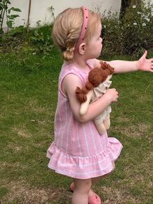 LMoss Kids Đầm không tay cổ tròn kẻ sọc hồng cho bé gái, kiểu dáng thường ngày. - Hồng - Xem 3