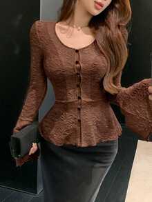 DAZY Blus Renda Hitam Elegan Musim Gugur untuk Wanita, Potongan Ramping dengan Lengan Mengembang, Atasan Berlipit Bertekstur dengan Motif Ruffle untuk Pesta Pernikahan, Musim Semi - Coklat - View 3