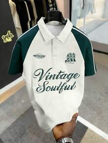Manfinity EMRG Men's Off-White Green Color Block Polo Shirt,Vintage Soulful Letter Print,Summer Back-To-School Graduation Style,Retro Y2K Rugby Jersey,Oversized Top - Multicolor - View 2
