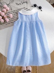 SHEIN Genkimix Kids 夏季新款韩版甜美可爱刺绣蝴蝶结拼接白色蕾丝彼得潘领伞扣连衣裙 - 淺藍色 - 查看 4