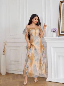 Modelyn Women's Summer All-Over Print Ruffle Off-Shoulder Dress Tea Party Golf Pastal Sexy - Apricot - View 4