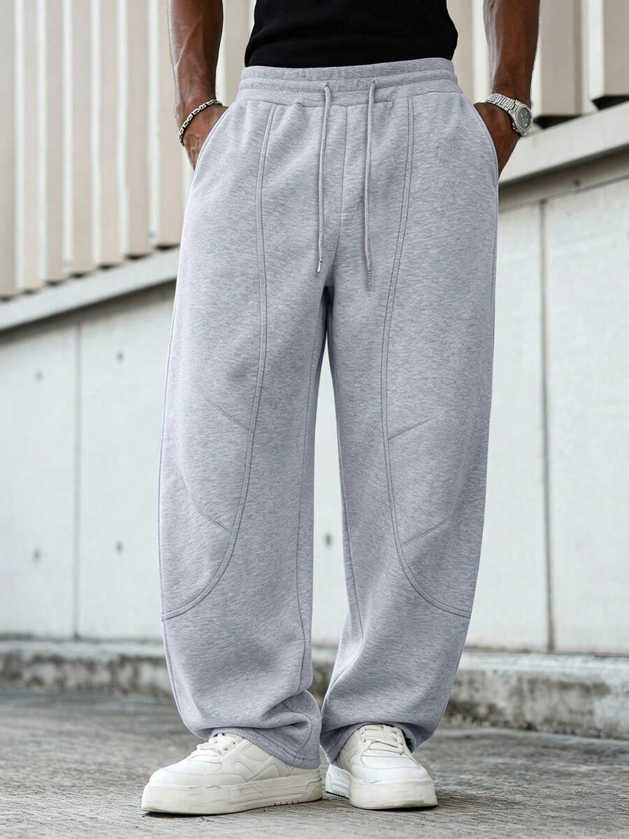 Manfinity Roghcode 男士街头风流行INS拼接设计休闲运动裤,送给男友/老公的礼物,周年纪念礼物,阔腿裤 - 淺灰色 - 查看 1