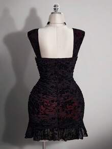 ICON Vestido ajustado con cuello cuadrado, estilo gótico oscuro Y2K, de malla y fruncido para mujeres de talla grande - Burdeos - Ver 2