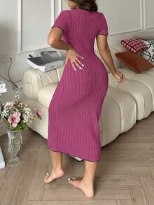 Côtesoire 优雅蝴蝶结撞色针织连衣裙，女士家居服 - 玫紅色 - 查看 2