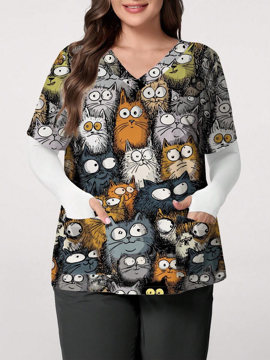 PopScrub Plus Size Women's V-Neck Short Sleeve Scrub Top With Pocket, Slit Design, Fashionable Line Cat Print, Suitable For Spring/Summer Nurse Scrub Work - Multicolor - View 1