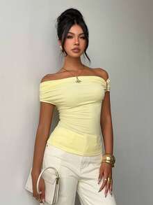 Aloruh Top de punto asimétrico de hombro descubierto en púrpura y rojo - Amarillo claro - Ver 6