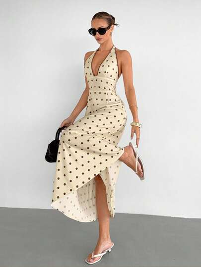  Siren Gaze Women's Elegant Fashionable Versatile Yellow Polka Dot  Polka Dot Print Halter Neck Tie Long Dress, Yellow Women's Dress,   Polka Dot Dress And Yellow Dress,Summer Dress,Mothers Day Outfit,Casual Dress For Women, Vacation Dresses