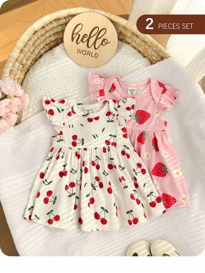 Bộ 2 chiếc váy ngắn tay dệt kim họa tiết hoa và chấm bi dễ thương cho bé gái sơ sinh, váy hè cho bé gái, váy trẻ sơ sinh, váy hoa cho bé.