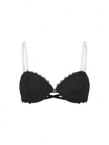1pc Lace Strapless Crisscross Back Underwire Bandeau Bra - Black - View 5