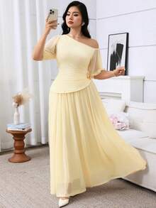 Modelyn 大码女式金属装饰斜肩上衣和半裙休闲派对两件套 - 黃色 - 查看 5