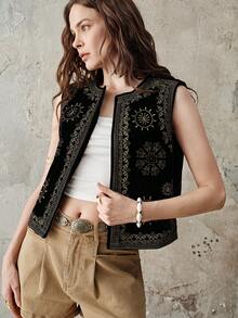 Aveloria Modichic Women's Retro Sleeveless Floral Patterned Thin Blazer For Summer - Black - View 7
