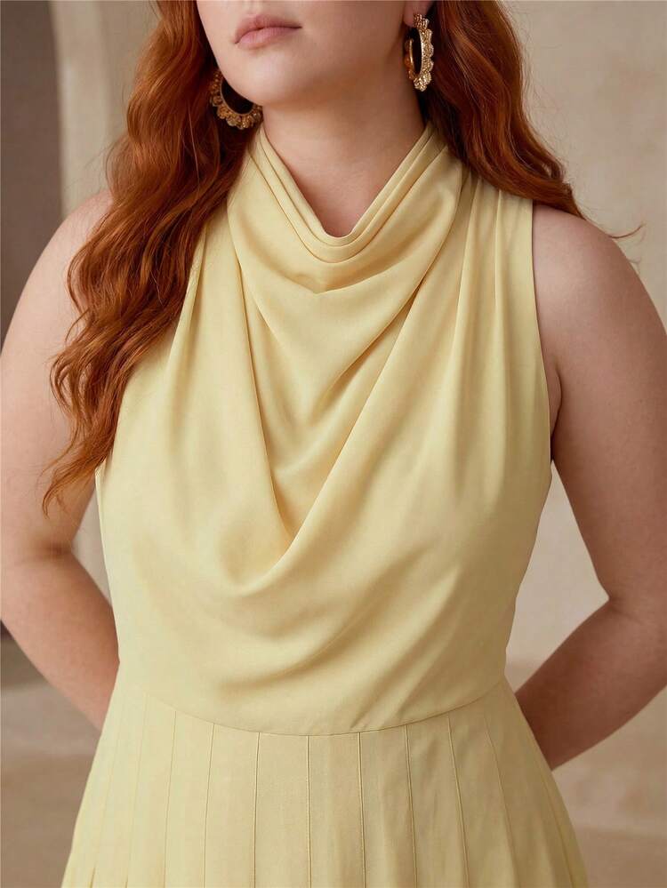 PLUS SIZE WOMEN'S COWL NECK RUCHED WAIST PLEATED DRESS, SPRING/SUMMER