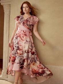 MOTF PREMIUM Damen Große Größen V-Ausschnitt asymmetrischer Saum tailliert fließendes bedrucktes Kleid, Frühling/Sommer - Pink - Übersicht 3