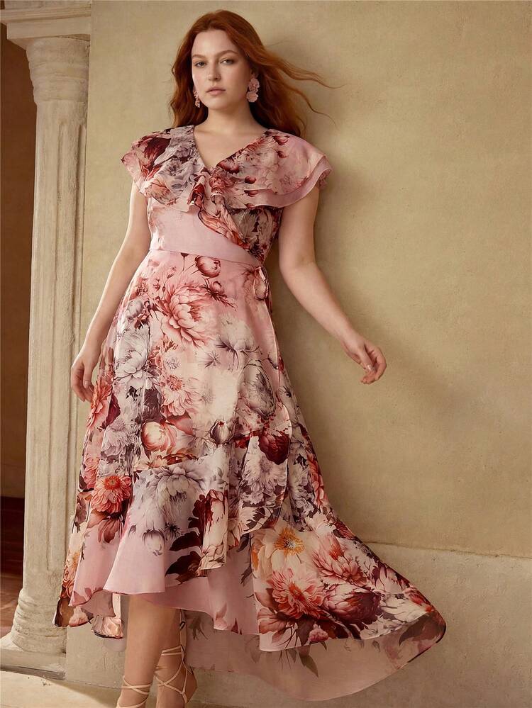 PLUS SIZE WOMEN'S V-NECK ASYMMETRIC HEM WAIST CINCHED FLOWY PRINTED DRESS, SPRING/SUMMER