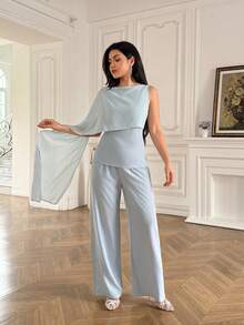 Modelyn Women's Solid Color Cape Sleeve Top And Pants Fashion Elegant Modest 2 Pieces Set Wedding Party Light Blue Summer - Grey - View 1