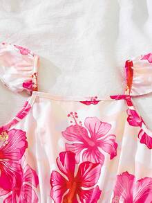 Older Tween Girls'white Floral Summer Boho Vacation Holiday Romper,Tropical Rainforest Fuchsia Print,Sleeveless Ruffle,Bowknot V-Back,Soft Casual - Multicolor - View 5