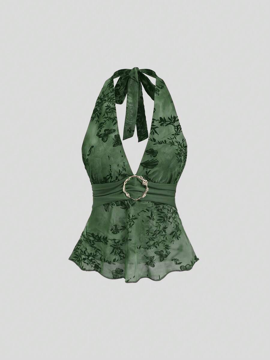 Sweetra Women's Retro Romantic Halter Neck Camisole - Dark Green - View 1