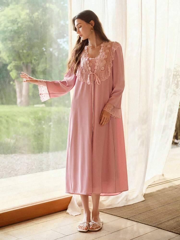 WOMEN'S SUMMER HOLLOW OUT EMBROIDERY CAMISOLE SLEEP DRESS AND ROBE PAJAMA SET