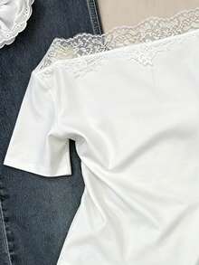 Mulvari French Lace Patchwork Cold-Shoulder Short Sleeve Sexy Cropped T-Shirt For Women - White - View 5