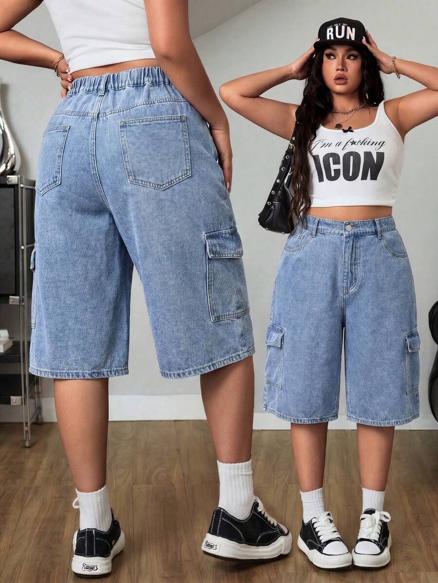 SHEIN ICON Pantalones cargo azul desgastado de corte recto y holgado con bolsillos grandes - Azul lavado medio - Ver 1