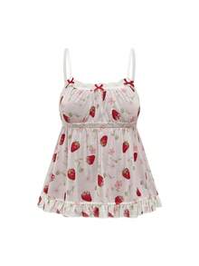 Kawaii Women Strawberry Print Contrast Lace Vacation Style Spring/Summer Babydoll Cami Top, School - Red - View 7