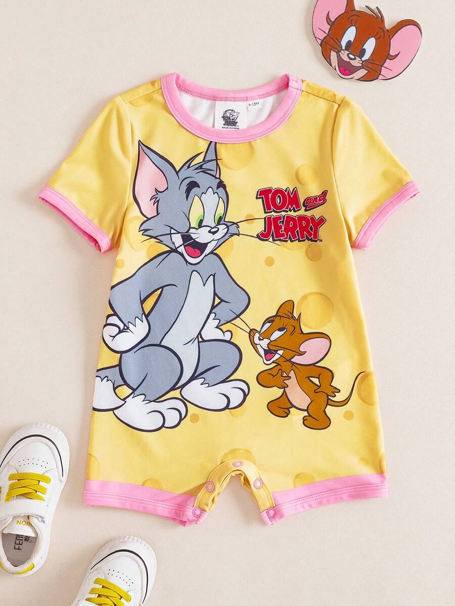 TOM & JERRY X SHEIN Áo liền quần tay ngắn cổ tròn in hình hoạt hình cho bé gái sơ sinh/trẻ nhỏ - Màu vàng - Xem 1