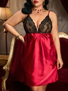 PinupPomp Plus Size Bowknot Decorated Lace Panel Backless Satin Sexy Pajama Night Dress With Spaghetti Straps - Red - View 4