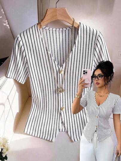 SHEIN Elenzya Casual Striped Button Front T-Shirt, Summer