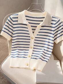 Franclia New Commuting Chic Design Turndown Collar Contrast Color Classic Striped Decor Matching Delicate Metal Button Loose Short Sleeve Knit Top - Multicolor - View 4