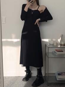 DAZY 女士两件套：纯色长袖开衫上衣和吊带连衣裙家居服套装 - 黑色 - 查看 1